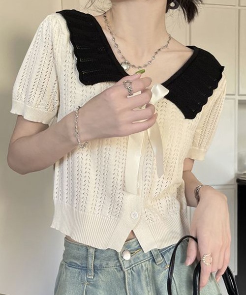 GLAMOROUS JANE(グラマラスジェーン)の「配色ビックカラーリボン付き半袖ニットトップス(ニット/セーター・レディース・グレー/ブラック/アイボリー・FREE)」の6枚目の写真