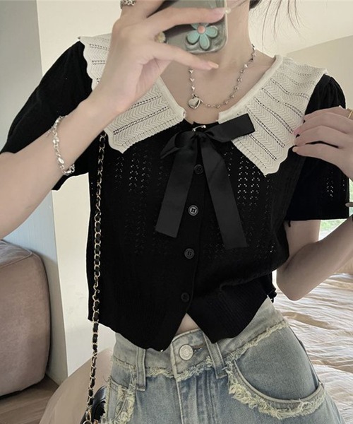 GLAMOROUS JANE(グラマラスジェーン)の「配色ビックカラーリボン付き半袖ニットトップス(ニット/セーター・レディース・グレー/ブラック/アイボリー・FREE)」の10枚目の写真