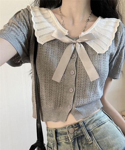 GLAMOROUS JANE(グラマラスジェーン)の「配色ビックカラーリボン付き半袖ニットトップス(ニット/セーター・レディース・グレー/ブラック/アイボリー・FREE)」の11枚目の写真