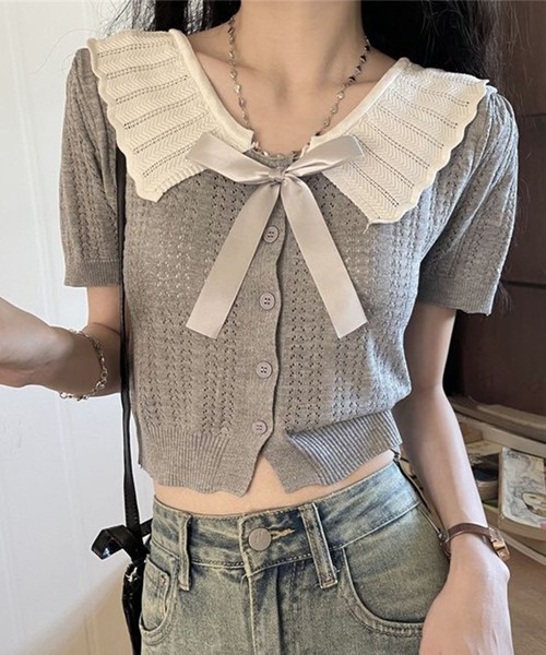 GLAMOROUS JANE(グラマラスジェーン)の「配色ビックカラーリボン付き半袖ニットトップス(ニット/セーター・レディース・グレー/ブラック/アイボリー・FREE)」の12枚目の写真