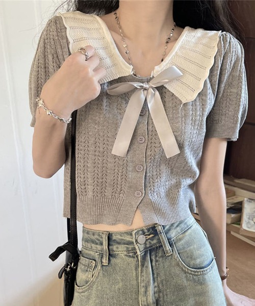 GLAMOROUS JANE(グラマラスジェーン)の「配色ビックカラーリボン付き半袖ニットトップス(ニット/セーター・レディース・グレー/ブラック/アイボリー・FREE)」の13枚目の写真