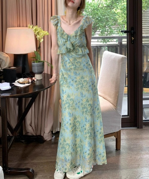 AMAJI(アマジ)の「フラワープリント フリル Aライン ワンピース(ワンピース・レディース・ライトグリーン・SMALL/MEDIUM/LARGE/X-LARGE)」の4枚目の写真