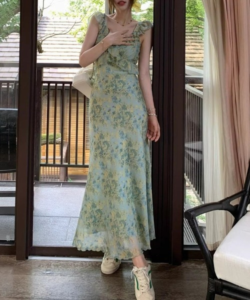 AMAJI(アマジ)の「フラワープリント フリル Aライン ワンピース(ワンピース・レディース・ライトグリーン・SMALL/MEDIUM/LARGE/X-LARGE)」の3枚目の写真