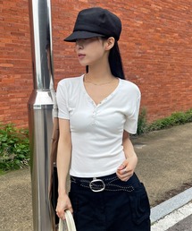 ユニークVネックシルバートットボタンレイヤード半袖Tシャツカットソー