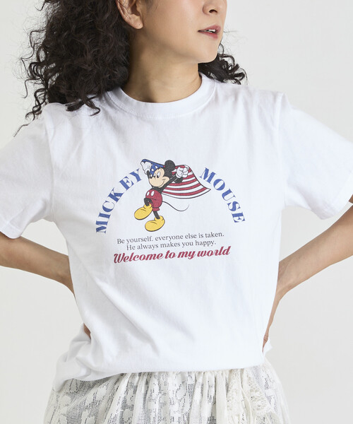 Freada(フリーダ)の「Freada/フリーダ 【MICKEY / ミッキー 】コンパクト ちびTシャツ NEW(Tシャツ/カットソー・レディース・ブラック/ホワイト・ONE SIZE)」の1枚目の写真
