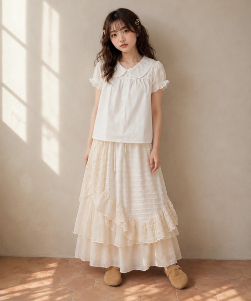 SPINNS（スピンズ）の「異素材ドッキングロングスカート/レース/NEO森ガール（スカート・レディース・ホワイト・ONESIZE）」の4枚目の写真