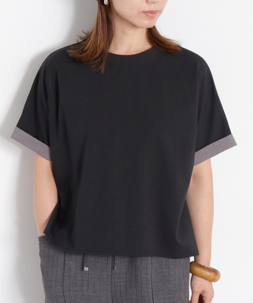 cepo(セポ)の「〈接触冷感 ICE TEE〉袖配色クロップドTee(Tシャツ/カットソー・レディース・オフホワイト/ブラウン/ブラック・M)」の3枚目の写真