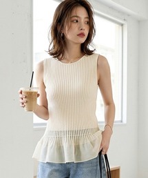 軽やか裾シアー ノースリーブペプラムサマーニット 裾シアー ぺプラムトップス ノースリーブ サマーニット リブニット タンクトップ レイヤード 春服 夏服