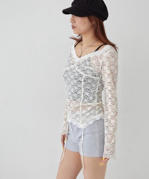 WHO'S WHO gallery(フーズフーギャラリー)の「【26AW新色カラーあり】レースガータートップス(Tシャツ/カットソー・レディース・ミント/ブラック/ダークブラウン/オフホワイト・FREE)」の6枚目の写真