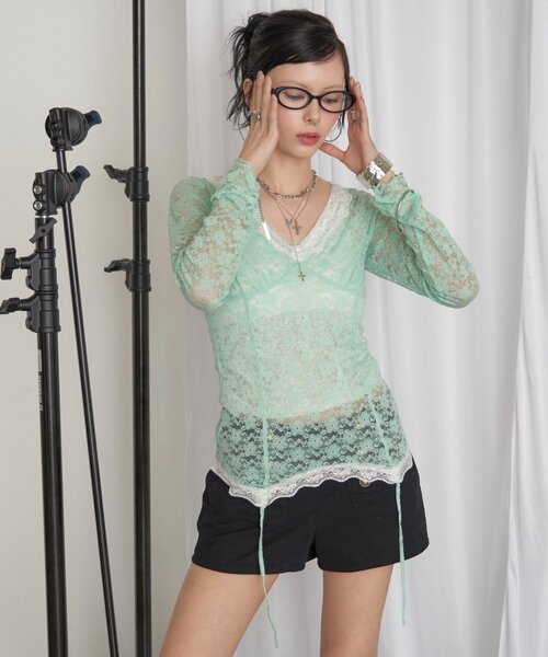 WHO'S WHO gallery(フーズフーギャラリー)の「【26AW新色カラーあり】レースガータートップス(Tシャツ/カットソー・レディース・ミント/ブラック/ダークブラウン/オフホワイト・FREE)」の22枚目の写真