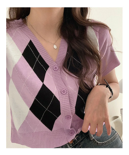 VIVID LADY(ビビッドレディー)の「アーガイル柄 ショート 半袖 ニットカーディガン(ニット/セーター・レディース・パープル/ホワイト・FREE)」の11枚目の写真