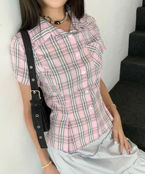 SHERU（シェル）の「ウエストシェイプ チェックコンパクト 半袖シャツ　スタイルアップ（シャツ/ブラウス・レディース・ブルー/ピンク/ホワイト・M）」の4枚目の写真
