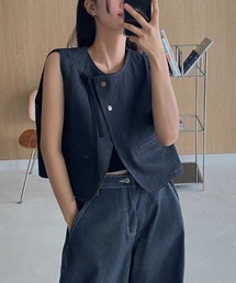 デニムノースリーブトップスワイドパンツセットアップ