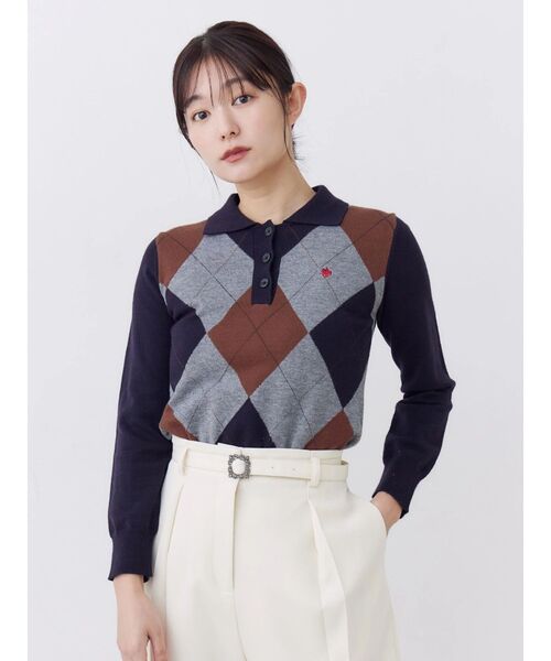 POLO BCS(ポロ ビーシーエス)の「【POLOBCS】アーガイルポロニット(ニット/セーター・レディース・キャメル/オフホワイト/ネイビー・MEDIUM)」の2枚目の写真
