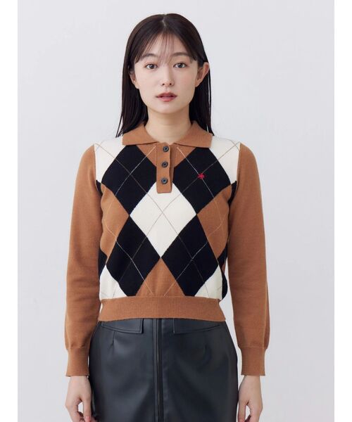 POLO BCS(ポロ ビーシーエス)の「【POLOBCS】アーガイルポロニット(ニット/セーター・レディース・キャメル/オフホワイト/ネイビー・MEDIUM)」の3枚目の写真