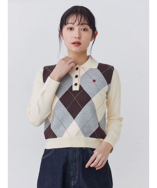 POLO BCS(ポロ ビーシーエス)の「【POLOBCS】アーガイルポロニット(ニット/セーター・レディース・キャメル/オフホワイト/ネイビー・MEDIUM)」の1枚目の写真