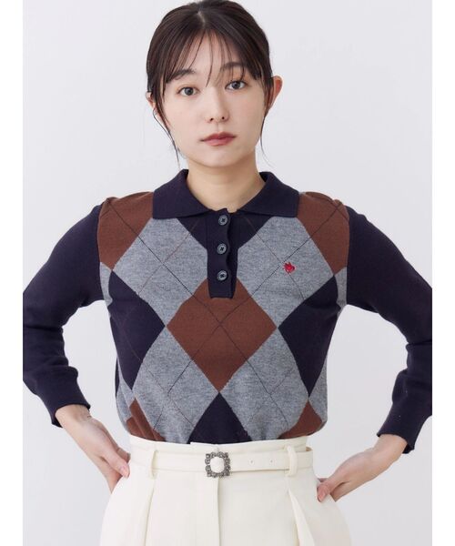 POLO BCS(ポロ ビーシーエス)の「【POLOBCS】アーガイルポロニット(ニット/セーター・レディース・キャメル/オフホワイト/ネイビー・MEDIUM)」の12枚目の写真