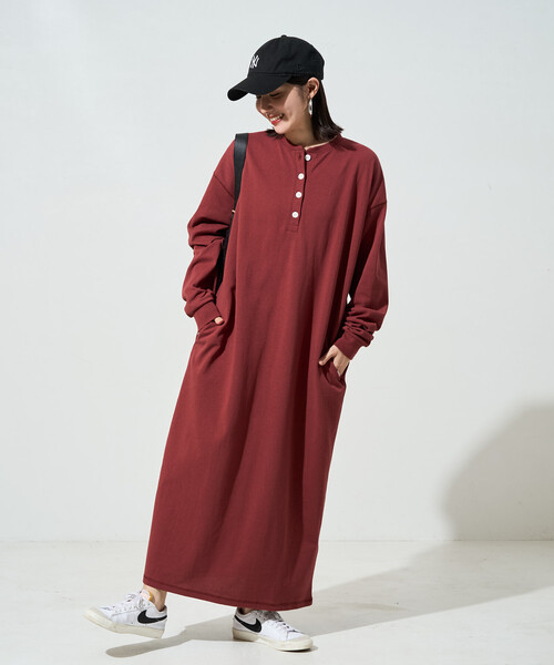 FREAK'S STORE(フリークスストア)の「限定展開 USAコットン ヘンリーネック ロングスリーブ ワンピース(ワンピース・レディース・ネイビー/ブラック/ダークブラウン/ナチュラル/ワイン/オリーブ・MEDIUM/SMALL)」の6枚目の写真