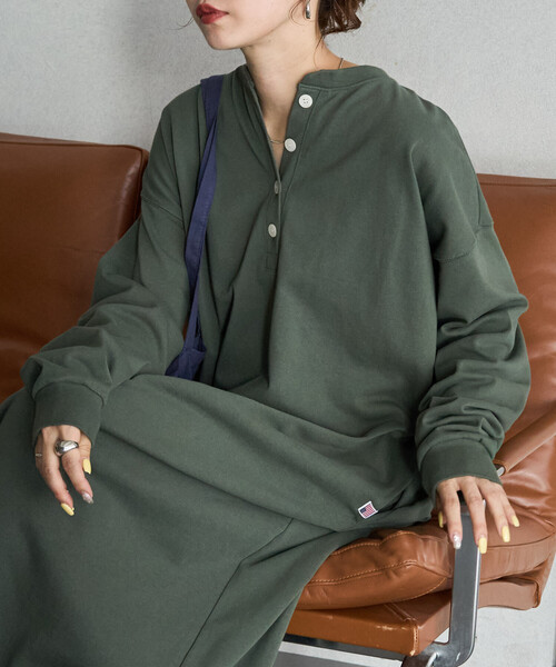 FREAK'S STORE(フリークスストア)の「限定展開 USAコットン ヘンリーネック ロングスリーブ ワンピース(ワンピース・レディース・ネイビー/ブラック/ダークブラウン/ナチュラル/ワイン/オリーブ・MEDIUM/SMALL)」の11枚目の写真
