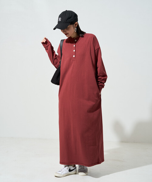FREAK'S STORE(フリークスストア)の「限定展開 USAコットン ヘンリーネック ロングスリーブ ワンピース(ワンピース・レディース・ネイビー/ブラック/ダークブラウン/ナチュラル/ワイン/オリーブ・MEDIUM/SMALL)」の14枚目の写真