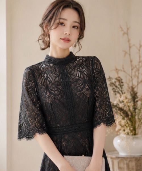 Dolce Fiora(ドルチェフィオラ)の「配色レース×ハシゴレース切り替えワンピースドレス !(ドレス・レディース・ライトグレー/ブラック・M/L)」の2枚目の写真