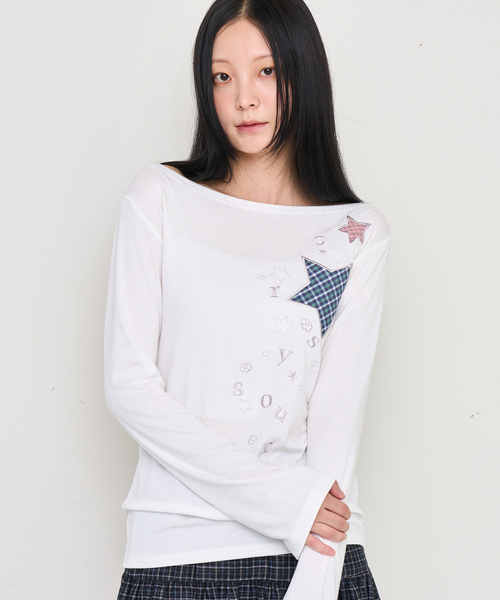OURSAYSOUR(アワーセイアワー)の「チェックツースターアップリケ スリムロングスリーブ ホワイト(Tシャツ/カットソー・レディース・ホワイト・FREE)」の1枚目の写真