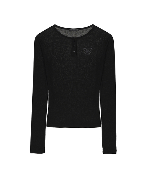 NICK&NICOLE(ニックアンドニコール)の「BUTTERFLY ヘンリーネック スリーブトップ_BLACK(Tシャツ/カットソー・レディース・ブラック・FREE)」の1枚目の写真