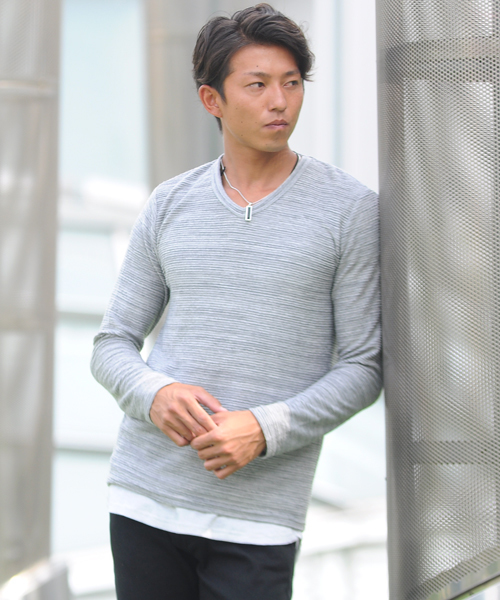 SPADE（スペード）の「ジャガード タックボーダー Vネック長袖Tシャツ（Tシャツ/カットソー・メンズ・チャコールグレー/杢グレー/ネイビー/ワイン・M/L/LL）」の2枚目の写真