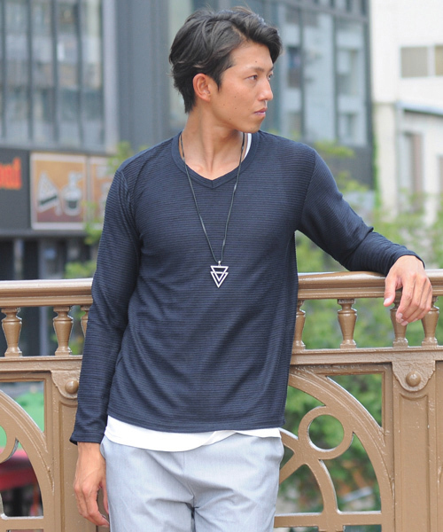 SPADE（スペード）の「ジャガード タックボーダー Vネック長袖Tシャツ（Tシャツ/カットソー・メンズ・チャコールグレー/杢グレー/ネイビー/ワイン・M/L/LL）」の3枚目の写真