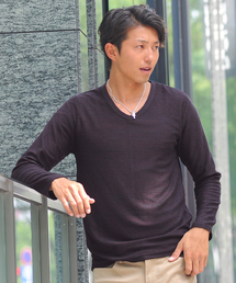 ジャガード タックボーダー Vネック長袖Tシャツ