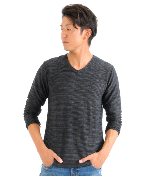 SPADE（スペード）の「ジャガード タックボーダー Vネック長袖Tシャツ（Tシャツ/カットソー・メンズ・チャコールグレー/杢グレー/ネイビー/ワイン・M/L/LL）」の5枚目の写真