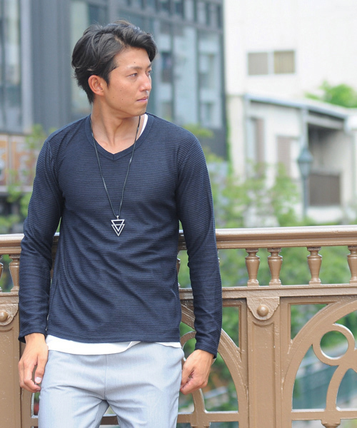 SPADE（スペード）の「ジャガード タックボーダー Vネック長袖Tシャツ（Tシャツ/カットソー・メンズ・チャコールグレー/杢グレー/ネイビー/ワイン・M/L/LL）」の14枚目の写真
