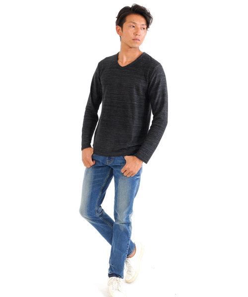 SPADE（スペード）の「ジャガード タックボーダー Vネック長袖Tシャツ（Tシャツ/カットソー・メンズ・チャコールグレー/杢グレー/ネイビー/ワイン・M/L/LL）」の22枚目の写真