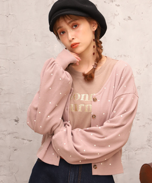 one after another NICE CLAUP（ワンアフターアナザーナイスクラップ）の「ハートワッフルカーディガン（カーディガン/ボレロ・レディース・ブラック/アイボリー/モカ・FREE）」の7枚目の写真