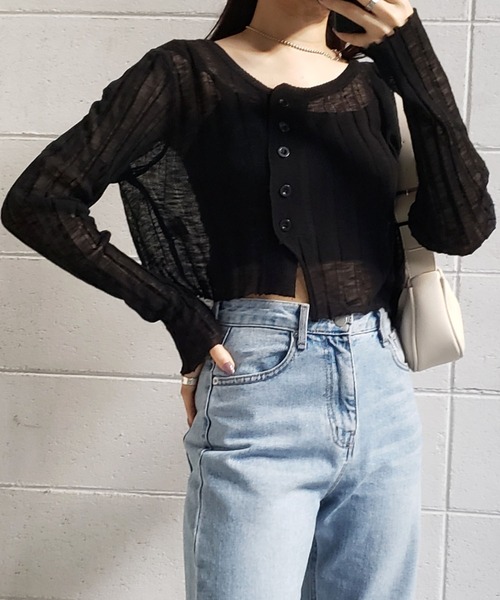 me+em select(ミームセレクト)の「シースルーニットショートカーディガン(カーディガン/ボレロ・レディース・ホワイト/ブラック/ベージュ/グレー・FREE)」の3枚目の写真