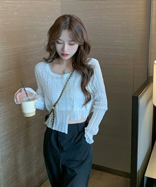 me+em select(ミームセレクト)の「シースルーニットショートカーディガン(カーディガン/ボレロ・レディース・ホワイト/ブラック/ベージュ/グレー・FREE)」の5枚目の写真