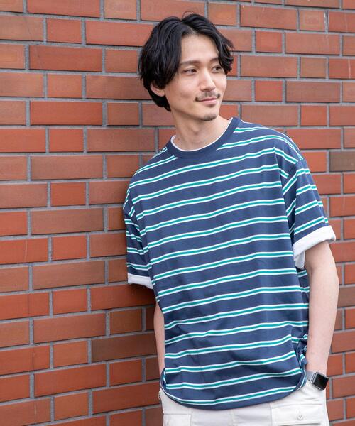 coen（コーエン）の「フェイクレイヤードマルチボーダーTシャツ（Tシャツ/カットソー・メンズ・ベージュ/ネイビー/オレンジ・SMALL/MEDIUM/LARGE/X-LARGE）」の4枚目の写真