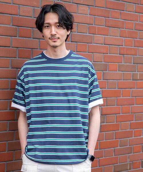 coen（コーエン）の「フェイクレイヤードマルチボーダーTシャツ（Tシャツ/カットソー・メンズ・ベージュ/ネイビー/オレンジ・SMALL/MEDIUM/LARGE/X-LARGE）」の5枚目の写真