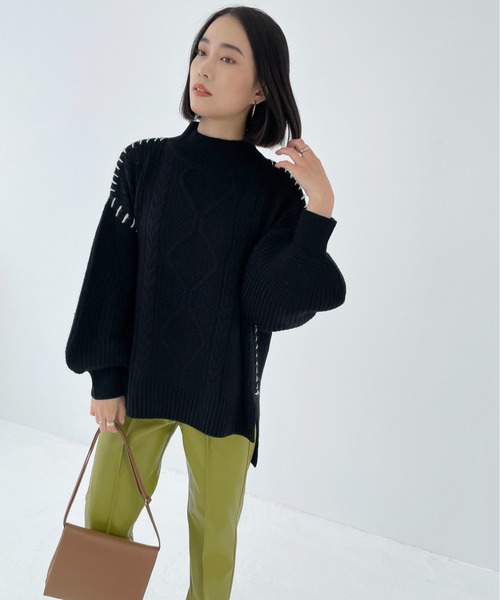 Meli rich（メリーリッチ）の「ハンドステッチ風。モックネックケーブルニット（ニット/セーター・レディース・ブラック/ベージュ/アイボリー/モカ・MEDIUM）」の13枚目の写真