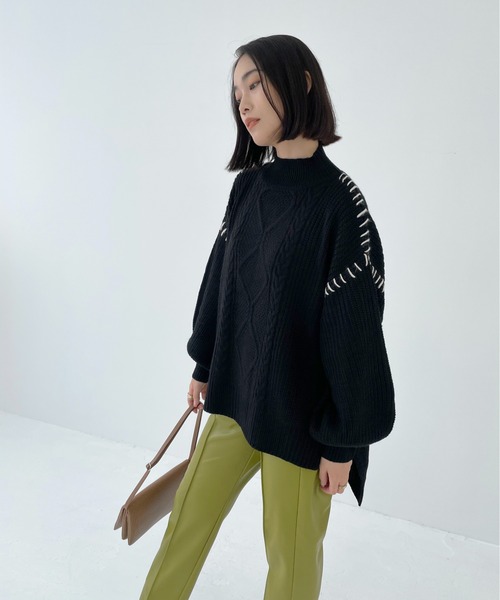 Meli rich（メリーリッチ）の「ハンドステッチ風。モックネックケーブルニット（ニット/セーター・レディース・ブラック/ベージュ/アイボリー/モカ・MEDIUM）」の10枚目の写真