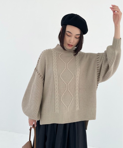 Meli rich（メリーリッチ）の「ハンドステッチ風。モックネックケーブルニット（ニット/セーター・レディース・ブラック/ベージュ/アイボリー/モカ・MEDIUM）」の12枚目の写真