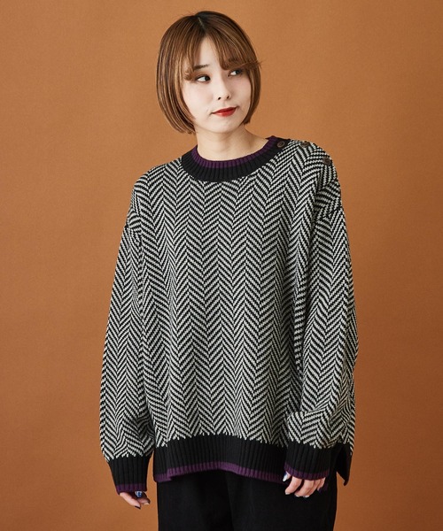 CUBE SUGAR(キューブシュガー)の「ジャガードニットヘリンボーン柄プルオーバーセーター(ニット/セーター・レディース・ホワイト/ブラック/ネイビー・M)」の1枚目の写真