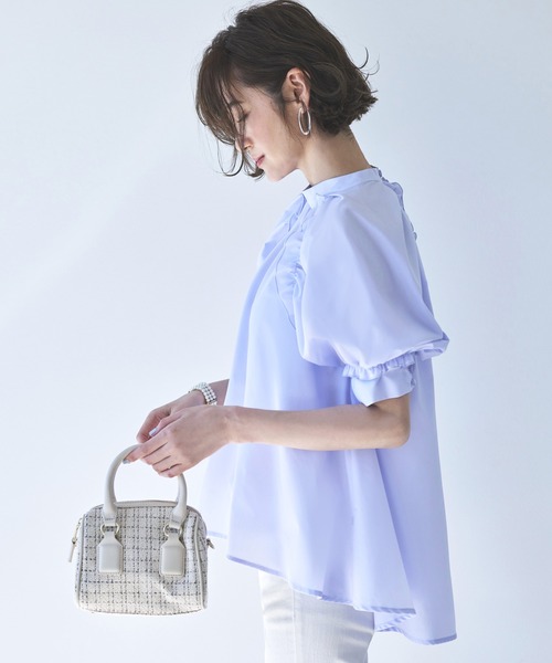 洗える ｜ スタンドカラータック&ギャザーフリルブラウス ｜ 半袖 スタンドカラー トップス 体型カバー フリル ボリューム袖 オフィスカジュアル 通勤服 華やか ブラウス（シャツ/ブラウス）｜RUIRUE BOUTIQUE（ルイルエブティック）