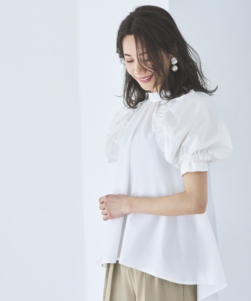 洗える ｜ スタンドカラータック&ギャザーフリルブラウス ｜ 半袖 スタンドカラー トップス 体型カバー フリル ボリューム袖 オフィスカジュアル 通勤服 華やか ブラウス（シャツ/ブラウス）｜RUIRUE BOUTIQUE（ルイルエブティック）