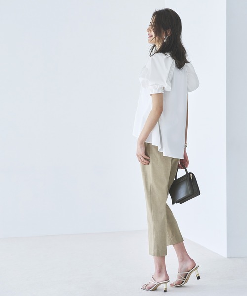 洗える ｜ スタンドカラータック&ギャザーフリルブラウス ｜ 半袖 スタンドカラー トップス 体型カバー フリル ボリューム袖 オフィスカジュアル 通勤服 華やか ブラウス（シャツ/ブラウス）｜RUIRUE BOUTIQUE（ルイルエブティック）