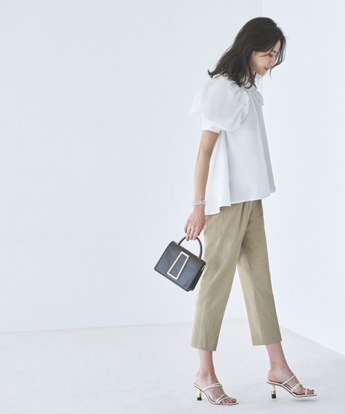 洗える ｜ スタンドカラータック&ギャザーフリルブラウス ｜ 半袖 スタンドカラー トップス 体型カバー フリル ボリューム袖 オフィスカジュアル 通勤服 華やか ブラウス（シャツ/ブラウス）｜RUIRUE BOUTIQUE（ルイルエブティック）