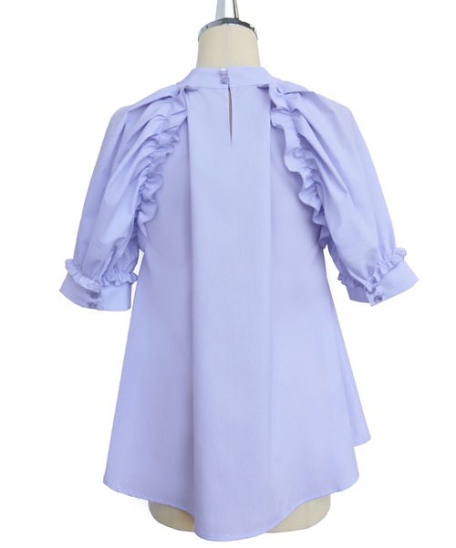 洗える ｜ スタンドカラータック&ギャザーフリルブラウス ｜ 半袖 スタンドカラー トップス 体型カバー フリル ボリューム袖 オフィスカジュアル 通勤服 華やか ブラウス（シャツ/ブラウス）｜RUIRUE BOUTIQUE（ルイルエブティック）