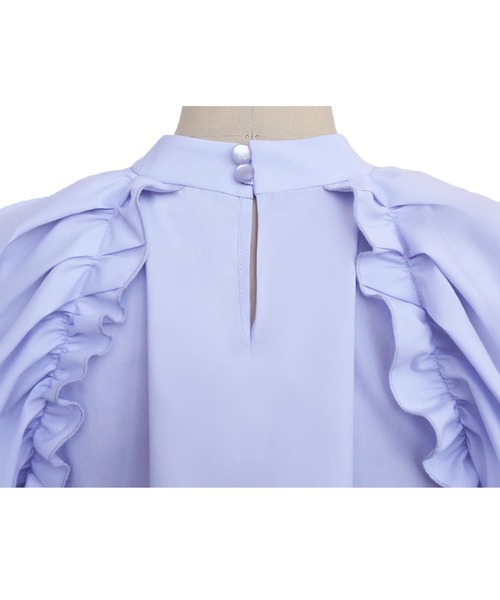 洗える ｜ スタンドカラータック&ギャザーフリルブラウス ｜ 半袖 スタンドカラー トップス 体型カバー フリル ボリューム袖 オフィスカジュアル 通勤服 華やか ブラウス（シャツ/ブラウス）｜RUIRUE BOUTIQUE（ルイルエブティック）