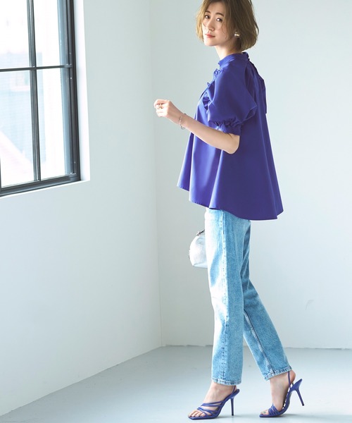 洗える ｜ スタンドカラータック&ギャザーフリルブラウス ｜ 半袖 スタンドカラー トップス 体型カバー フリル ボリューム袖 オフィスカジュアル 通勤服 華やか ブラウス（シャツ/ブラウス）｜RUIRUE BOUTIQUE（ルイルエブティック）