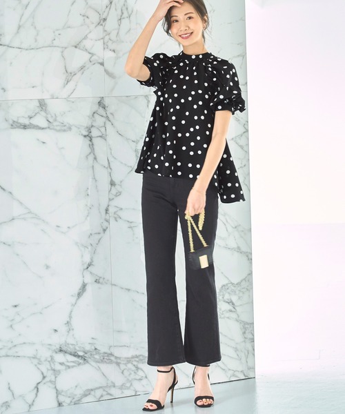 洗える ｜ スタンドカラータック&ギャザーフリルブラウス ｜ 半袖 スタンドカラー トップス 体型カバー フリル ボリューム袖 オフィスカジュアル 通勤服 華やか ブラウス（シャツ/ブラウス）｜RUIRUE BOUTIQUE（ルイルエブティック）